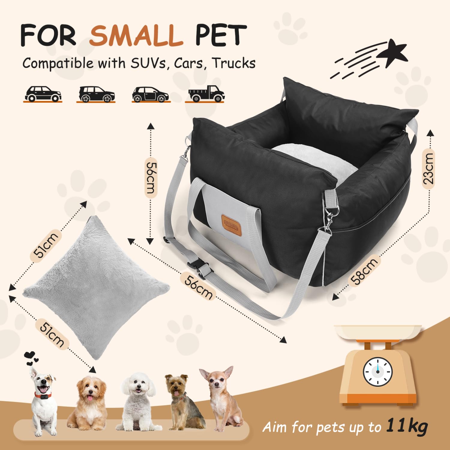 Nobleza Asiento de Coche para Perros Pequeños, Asiento Elevador para Perros con Bolsillos de Almacenamiento y Cojín Reversible, Cama de Viaje para Mascotas de hasta 11 kg, Negro, L58×W56×H33cm