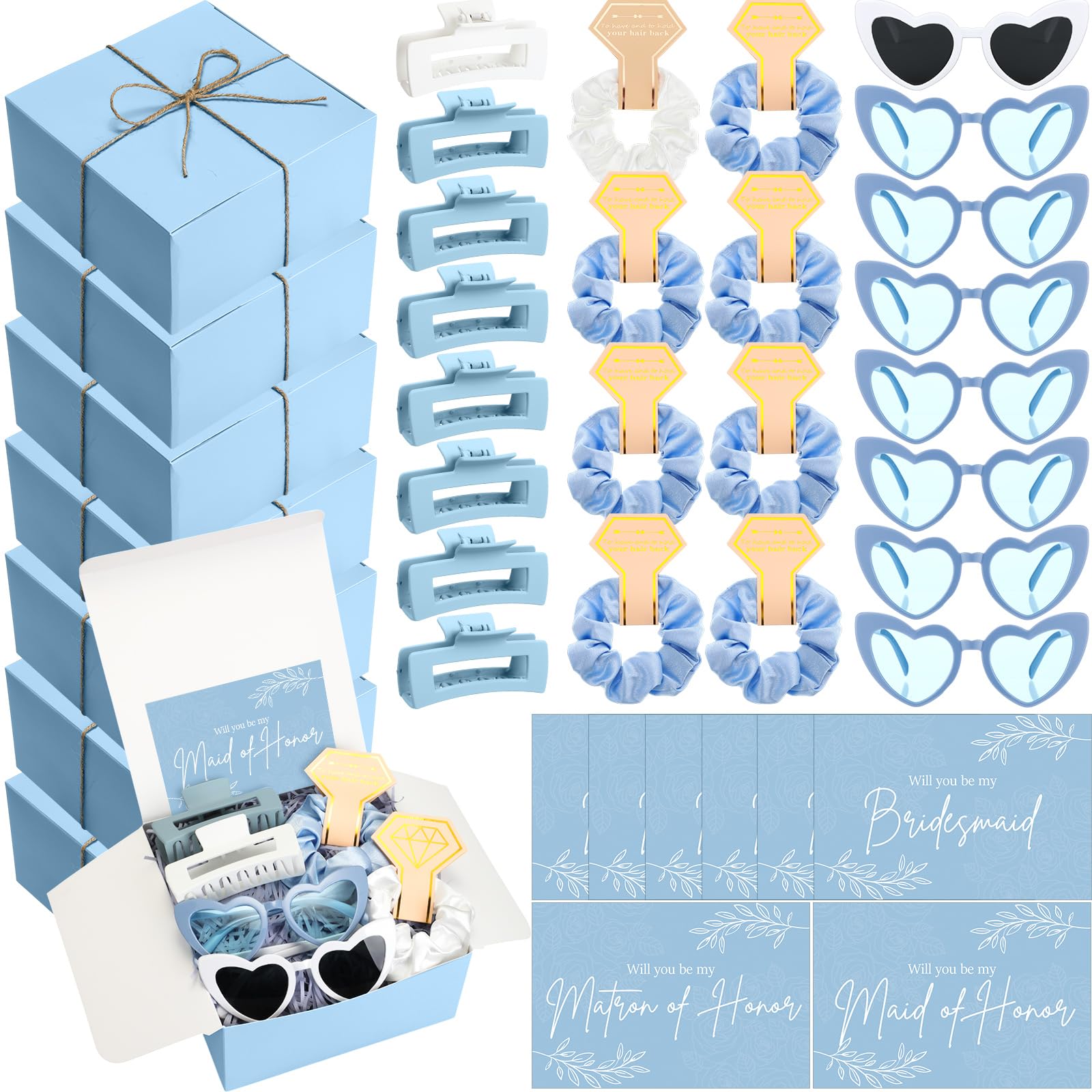 Geiserailie 40 Pcs 8 Set Bridesmaid Proposal Gifts Will You Be My Bridesmaid 4.1in Square Hair Claws Heart Sunglasses(Blue)