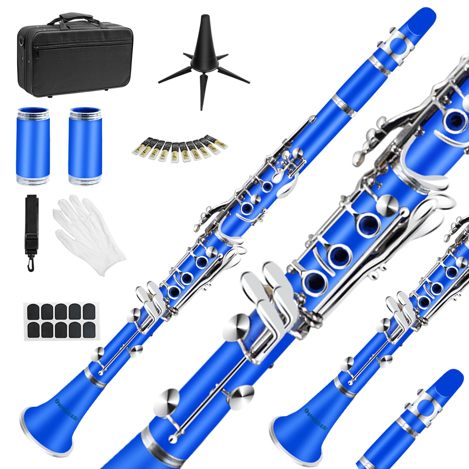Soulmate Bb Flat 17 Nickel Keys Beginner Student Clarinet with 2 Barrels and Clarinet Cleaning Kit, Blue