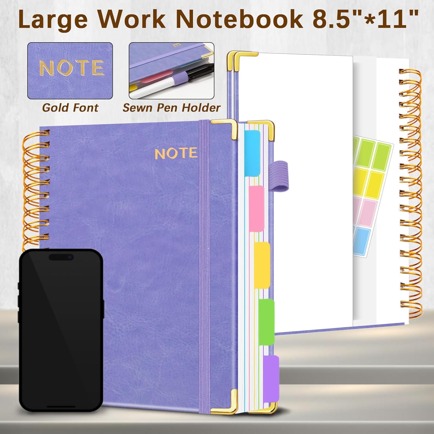 Hardcover Spiral Notebooks for Work 8.5''x 11'', 300 Pages 5 Subject Notebook with Dividers & Tabs, A4 Spiral Journal for Women, College Ruled Notebooks for School Note-Taking (Lilac Purple)