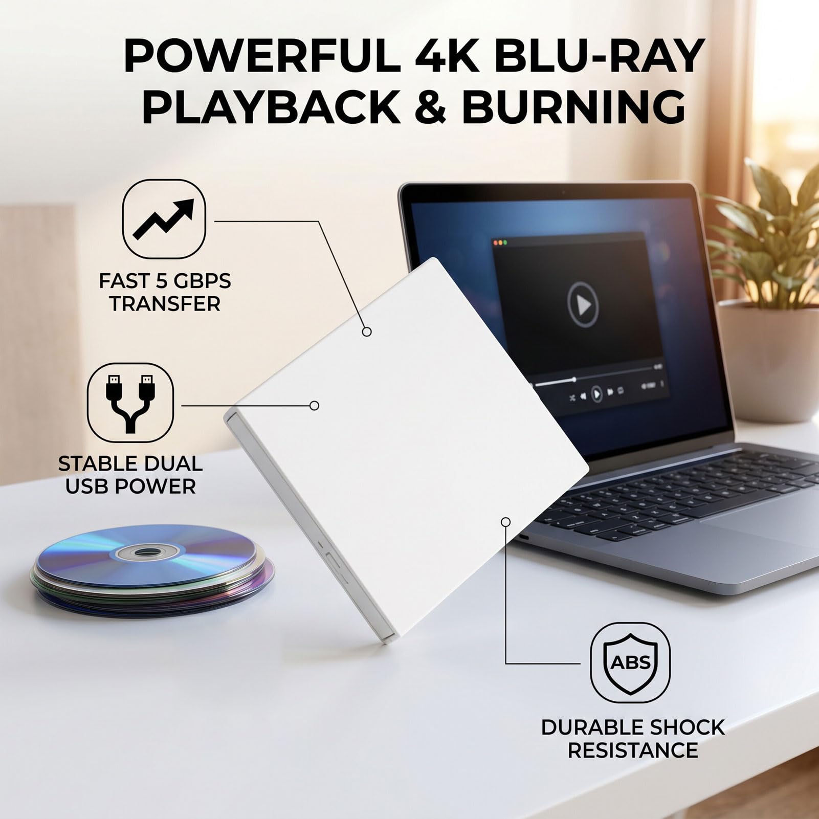 GOWENIC El Jugador de la Unidad óptica Externa de 4K USB, Ayudas GANA OS X Linux (White)