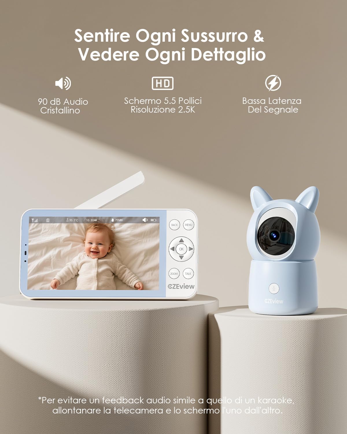 CZEview 5,5" 2.5K Baby Monitor Video e Audio, Luce Notturna & Musica, Telecamera Bambini, Controllo Tramite APP Mobile & Monitor (Blu)