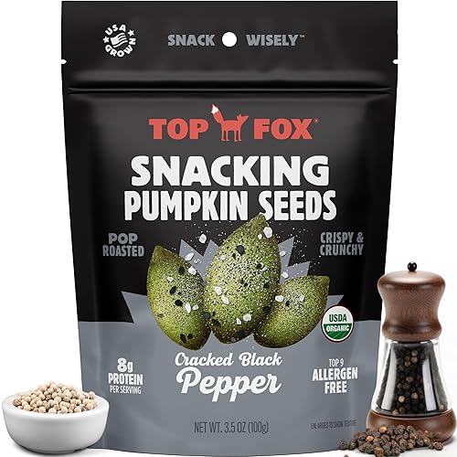 Top Fox Snacks - Semillas de calabaza tostadas orgánicas Snacks de proteínas saludables - Sin gluten - Para dietas keto y veganas (3,5 oz)
