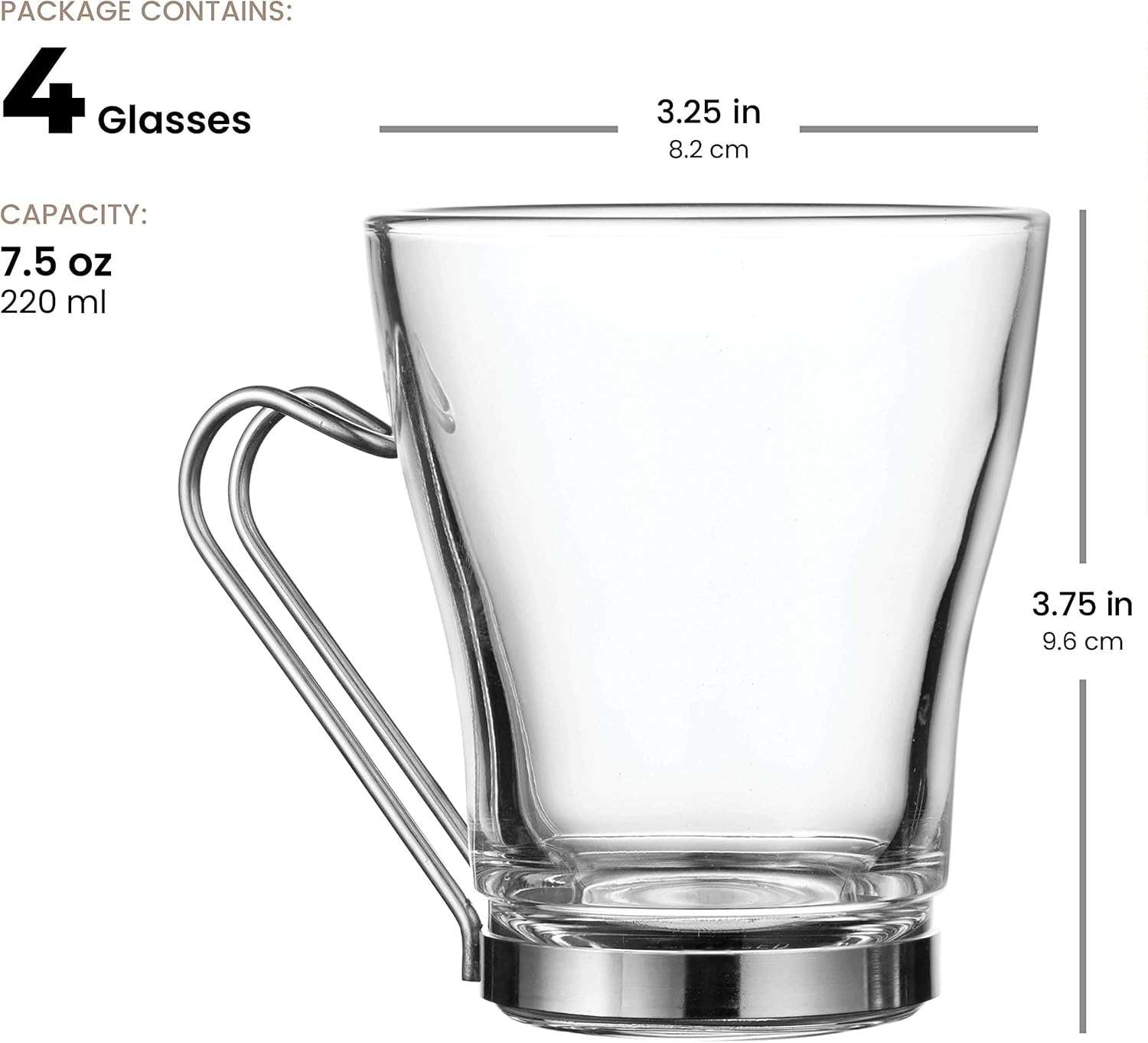 Bormioli Rocco OSLO Glass Coffee Mug - 7 ½ Ounce Espresso Cups (4 Pack) with Metal Handle Perfect Tea Glasses for hot and cold beverages, Thermal Shock Resistant, Tempered Glass, for Latte, Cappuccino