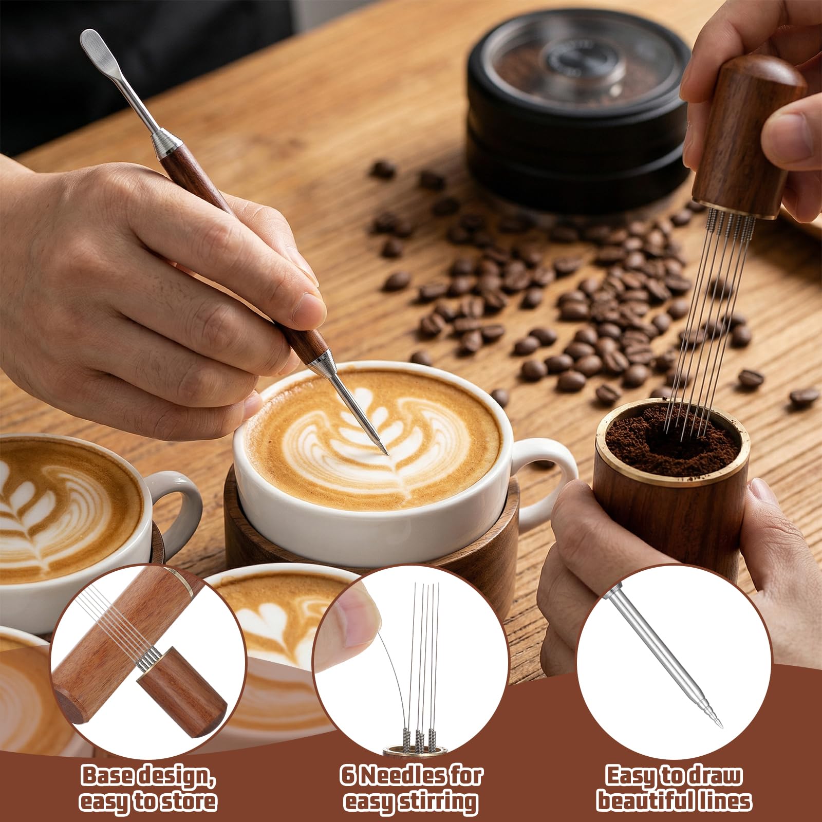 Sibba Espresso Café Agitador 6 Agujas, Herramienta de Distribución de Espresso WDT Herramienta de Distribución con Mango de Madera Natural y Base, Mezclador de Café Acero Inoxidable Latte Art Pen