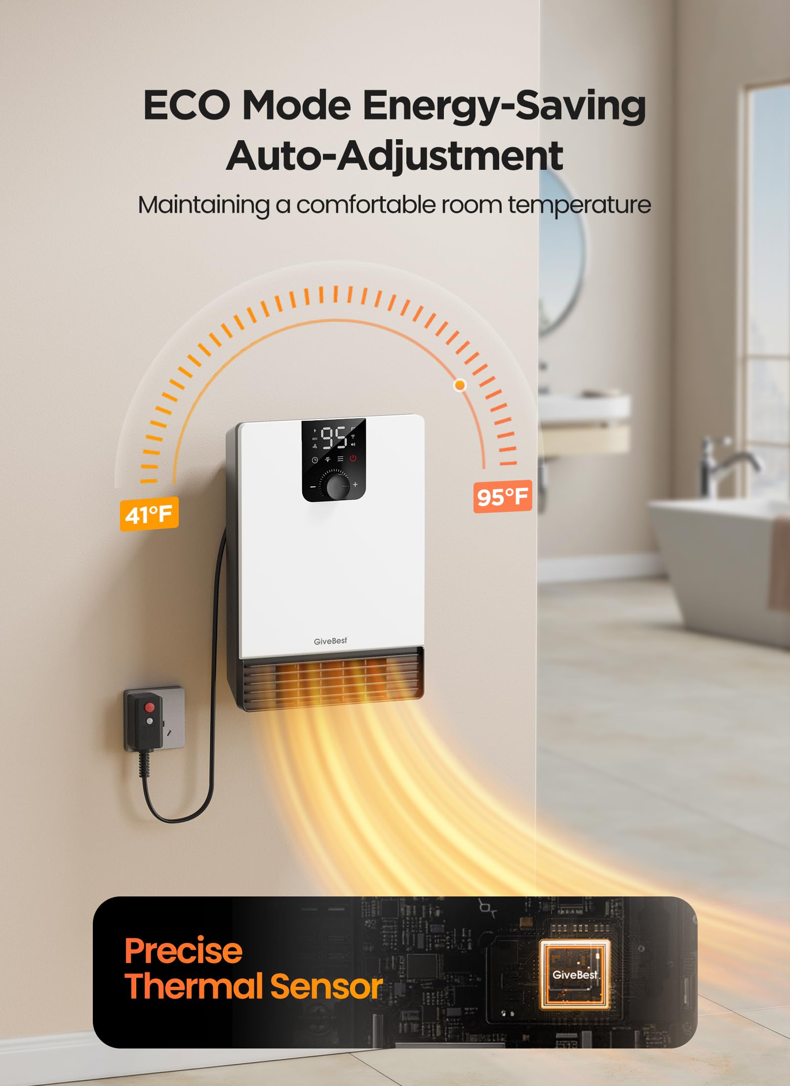 GiveBest - Grzejnik ścienny do łazienki, grzejnik elektryczny 1500 W z wtyczką ALCI, regulowany termostat, 3 tryby ogrzewania, 24-godzinny timer, łatwy montaż grzejnik do użytku