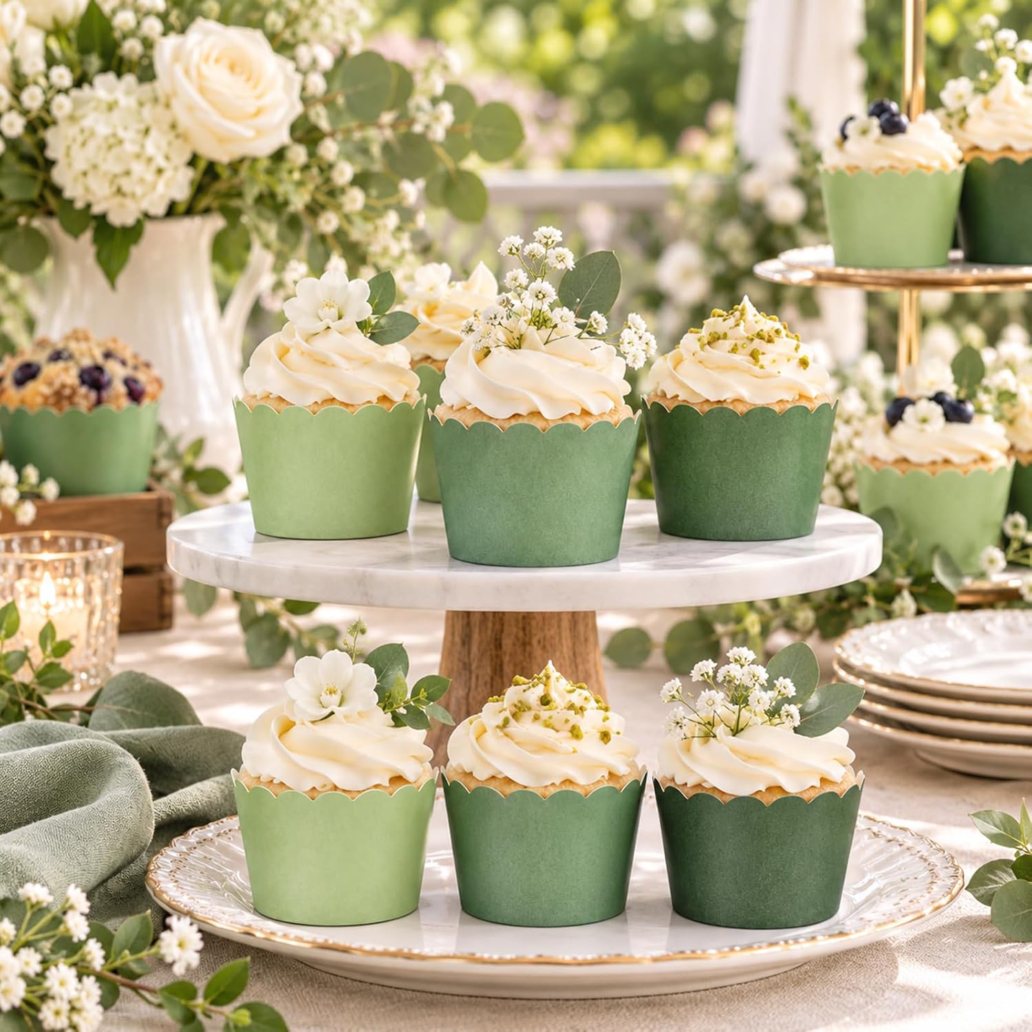 Whaline 60Pcs Sage Green Paper Baking Cups, Scalloped Edge, 3 Colors