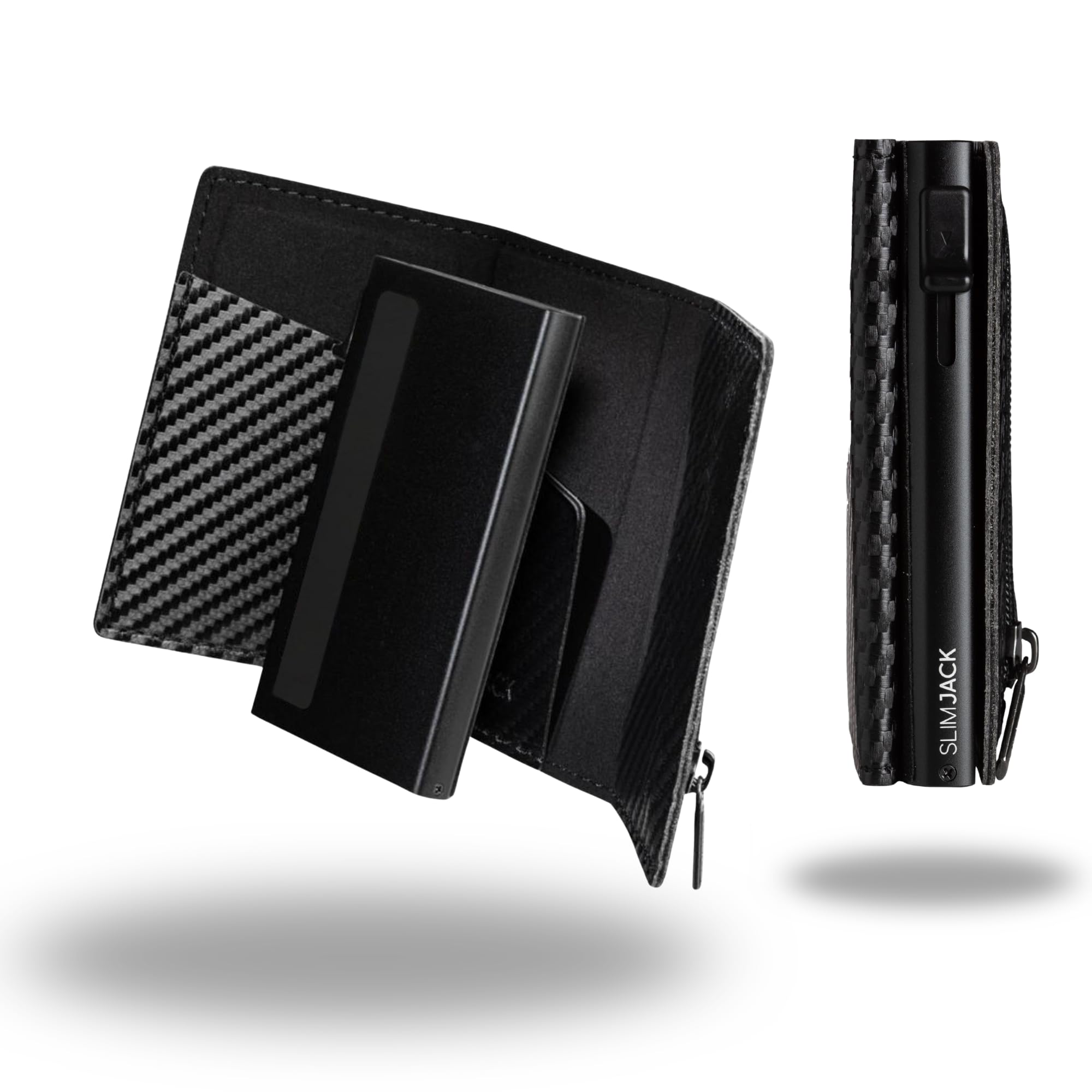 SLIMJACK 2-in-1 Wallet mit Münzfach - Magnetisches RFID Kartenetui & Geldbörse - Abnehmbares Slim-Wallet aus Aluminium - RFID-Schutz Portmonee - Smart Wallet für Karten & Münzen (Carbon)