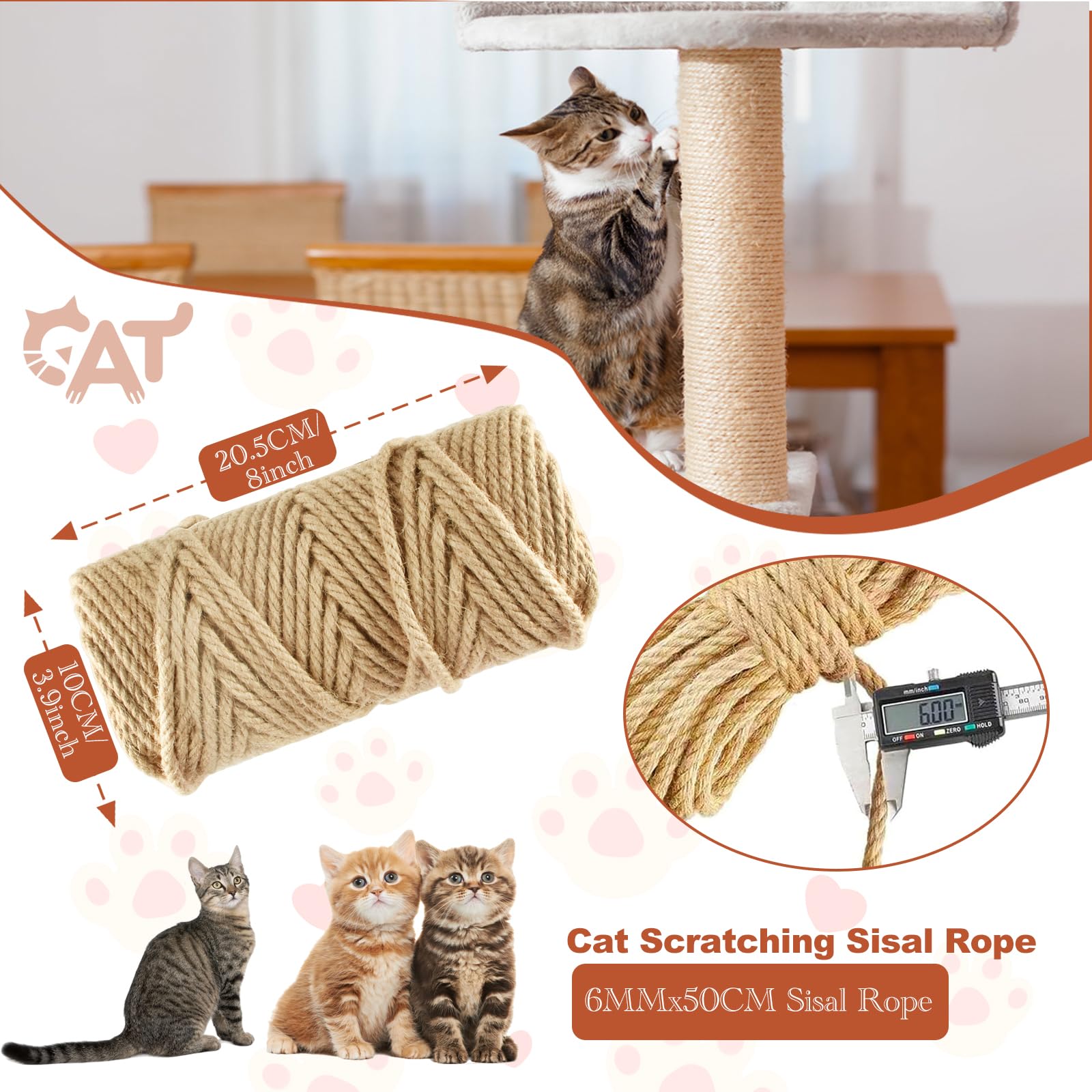 Scratch Post Mm X 10 M (1/4 In 33 Ft) Sisal Rope For Cat