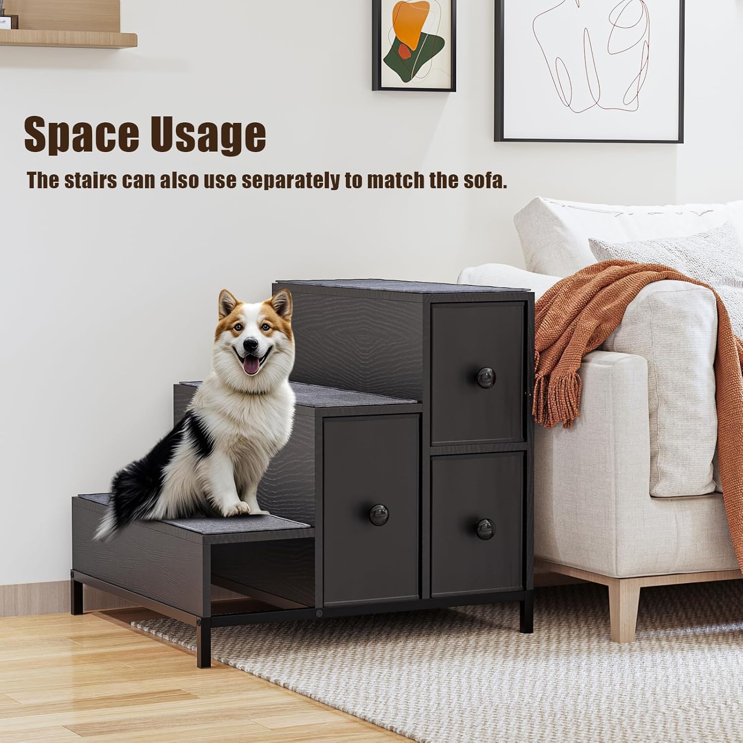 LEMBERI Pet Bunk Bed with Stairs and Storage, Dogs/Cats Window Perch, Bedside Lounge Elevated Dog Bed Multi-Level Platform with Foam Upholstery (Black)