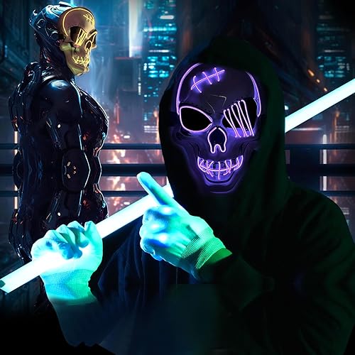 Miniatura 5 de OceanWings Máscara LED de Halloween con guantes, disfraces iluminados, máscara de miedo para suministros de fiesta