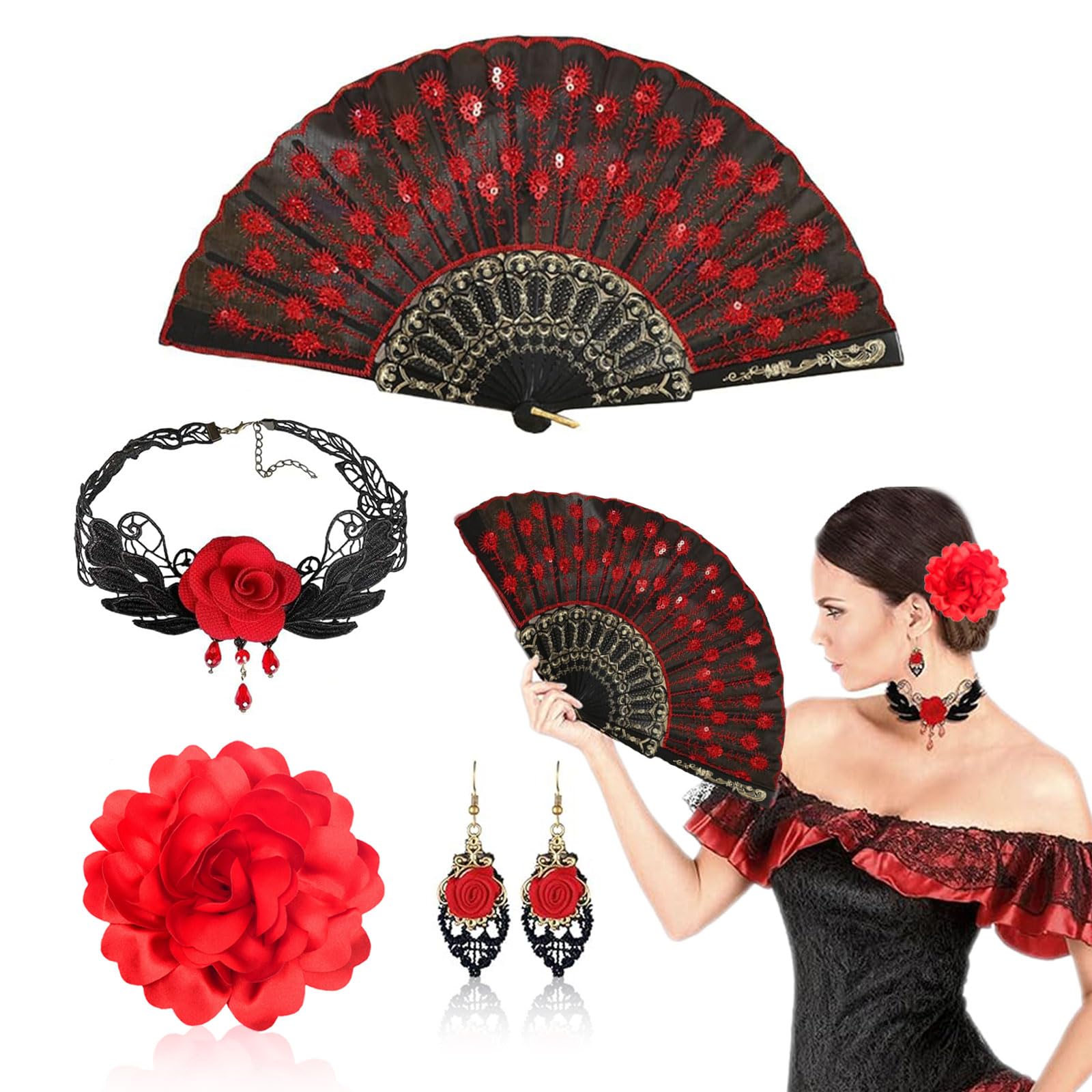 FOUNSHO 4PCS Rose Flower Flamenco Accessories for Women Embroidered Sequins Folding Fan Choker Earrings Red Rose Flower Hair Clip Spanish Dancer Costume For Ladies 1920s Fancy Dress Halloween (Red)