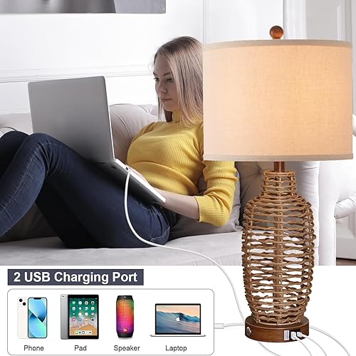 Miniatura 5 de Juego de 2 lámparas de mesa de ratán de mimbre de 3 vías regulables con control táctil, lámparas costeras rústicas con puerto USB para dormitorio,