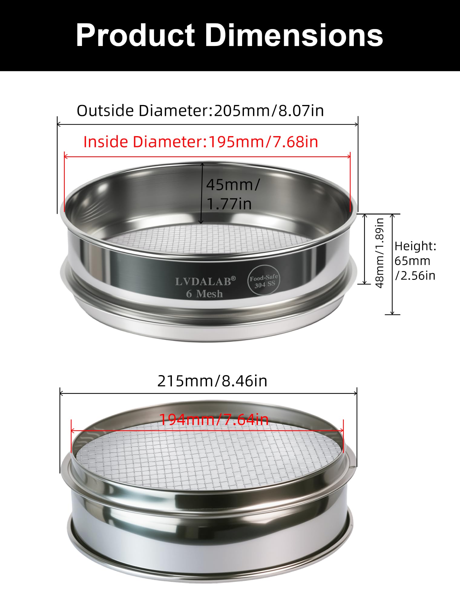 8" (20cm) Full 304 Stainless Steel Lab Sieve, 6 Mesh (4mm Aperture) — Amazon image 5
