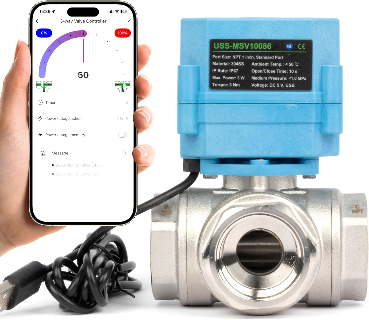 U.S. Solid WiFi Smart Motorized Ball Valve 1 inch NPT for Water Control & Irrigation, 3 Way 304SS Electric Valve, USB Plug, LED Indicator, Flow Direction Window, Remote On/Off Control, NSF Certified