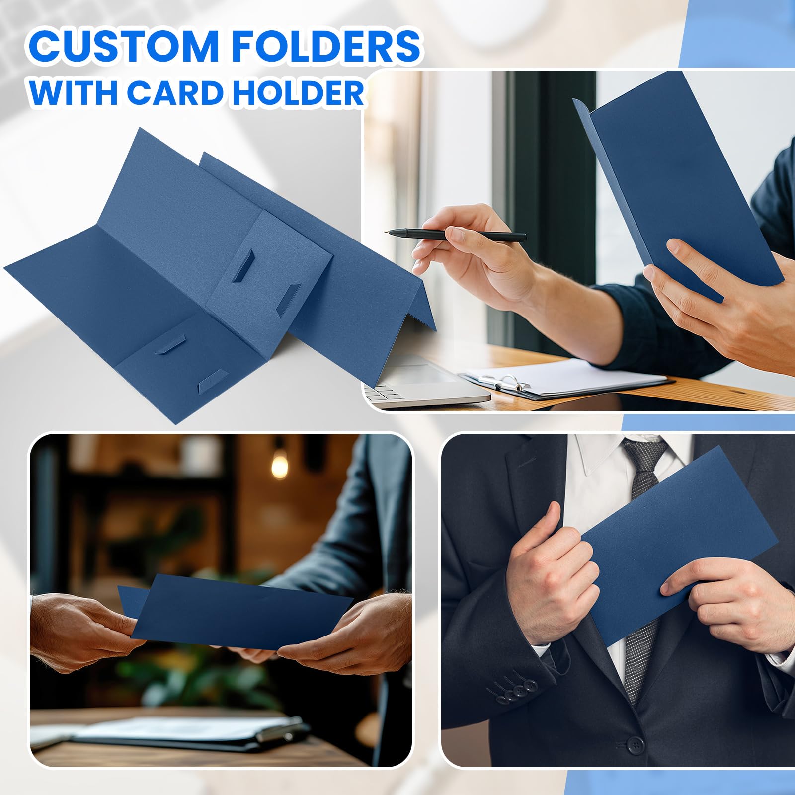 Henoyso Mini-Präsentationsmappen, 2 Taschen, 10,2 x 22,9 cm, mit zwei Visitenkartenhaltern, ideal für Gäste, Willkommenskunden-Informationen, Bestätigung, Quittungsorganisation, Marineblau, 50 Stück