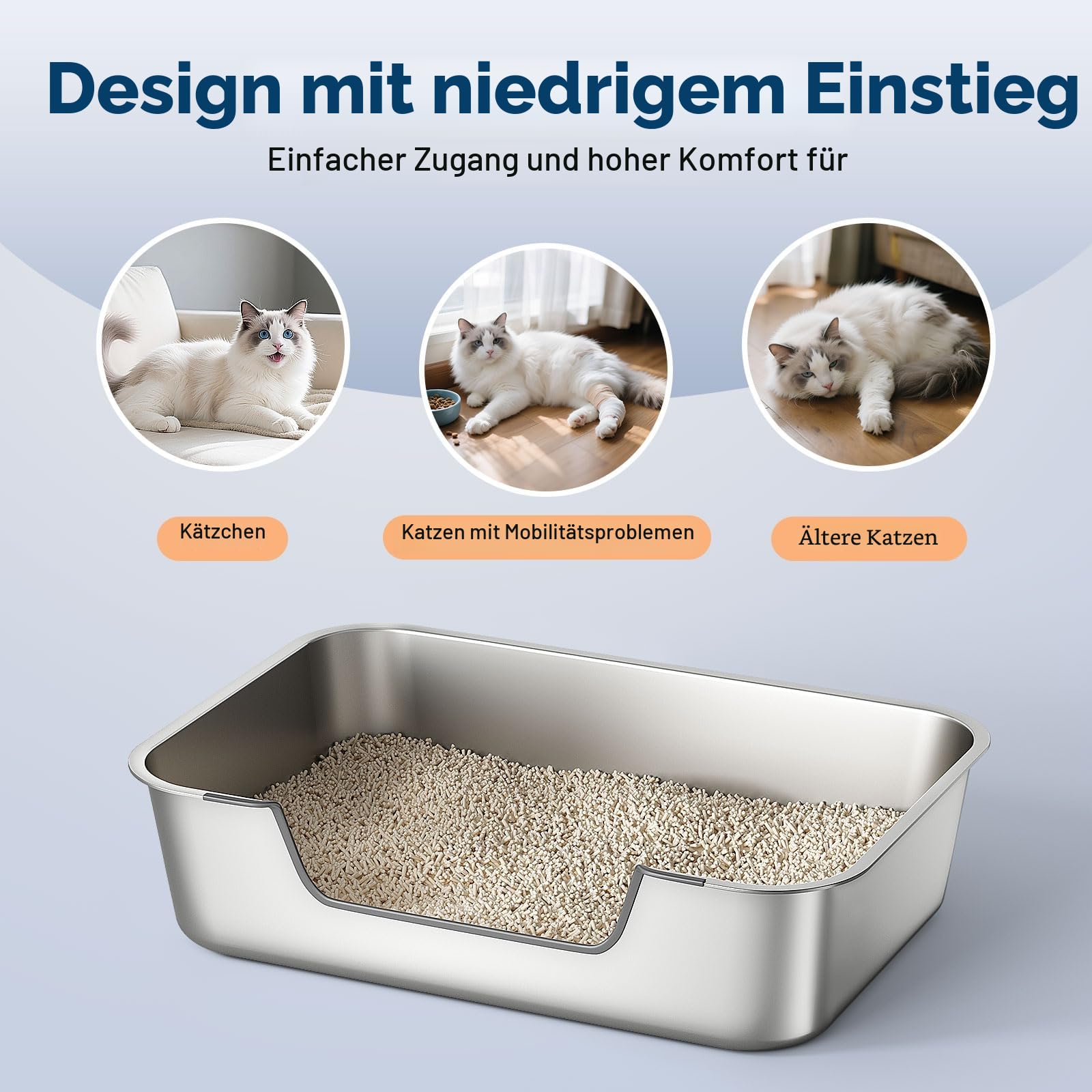 Katzenklo Edelstahl mit Niedrigem Rand, Katzentoilette Metall für Altere Oder Verletzte Katzen, Groß Ohne Deckel katzenklo Offene XXL, Antihaftbeschichtet, Geruchsfrei, Leicht zu Reinigen, 45x35x15cm