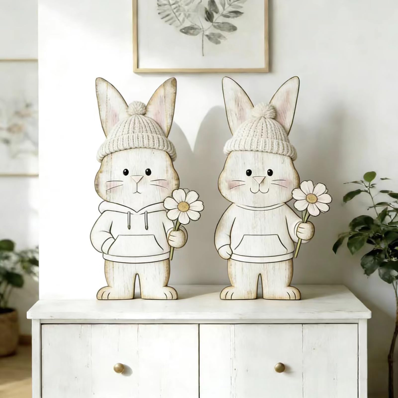 2PC Easter Bunny Wooden Figures, Large Stand, Easter Bunny Decoration, 18 cm Easter Decoration, Rabbit, Easter Bunny, Wood for Standing, for Outdoors, Table Decoration, Garden (Stand-F, 2PC)