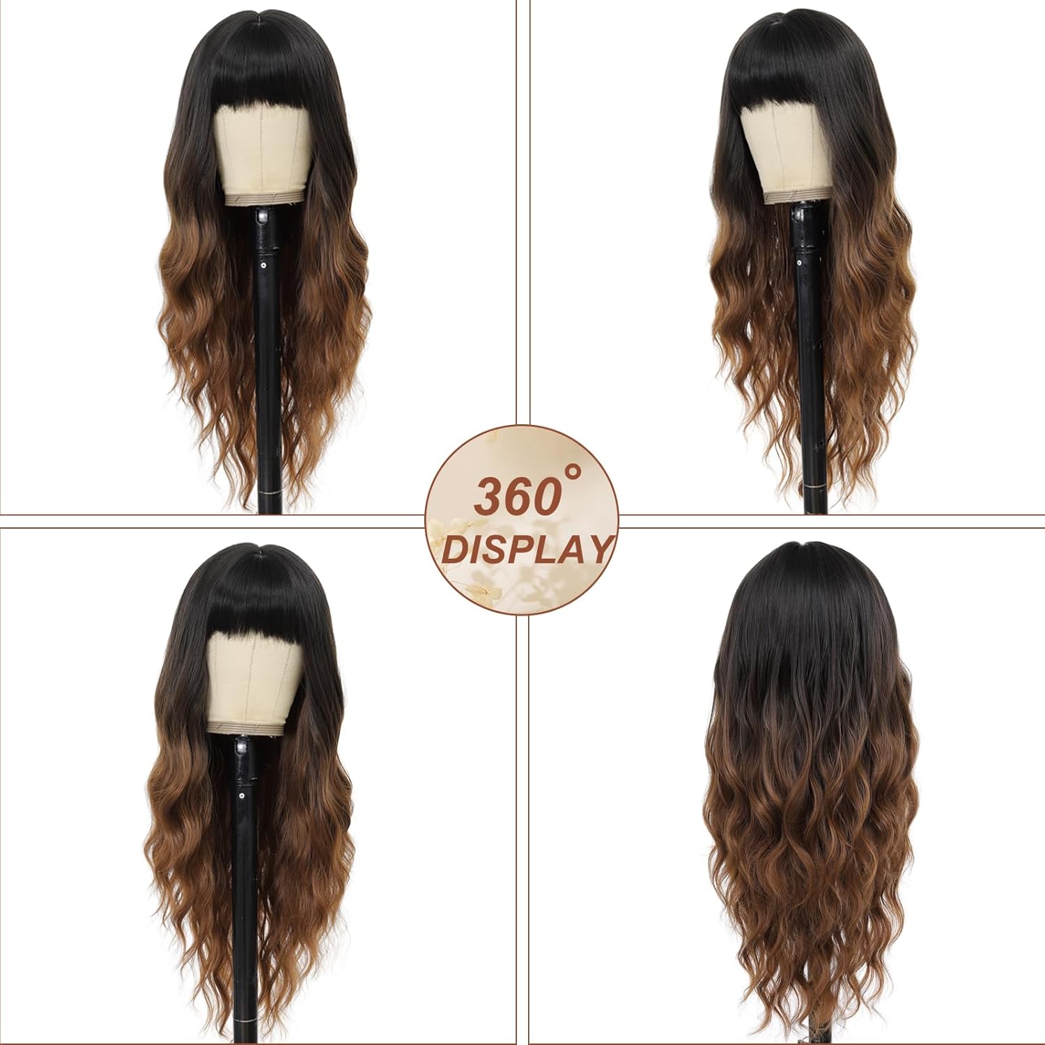 MINSEEYOO Black To Brown Wig with Bangs for Women Long Wavy Wigs 26 Inch Ombre Brown Wigs Natural Looking Heat Resistant Synthetic Wig for Daily Party Use