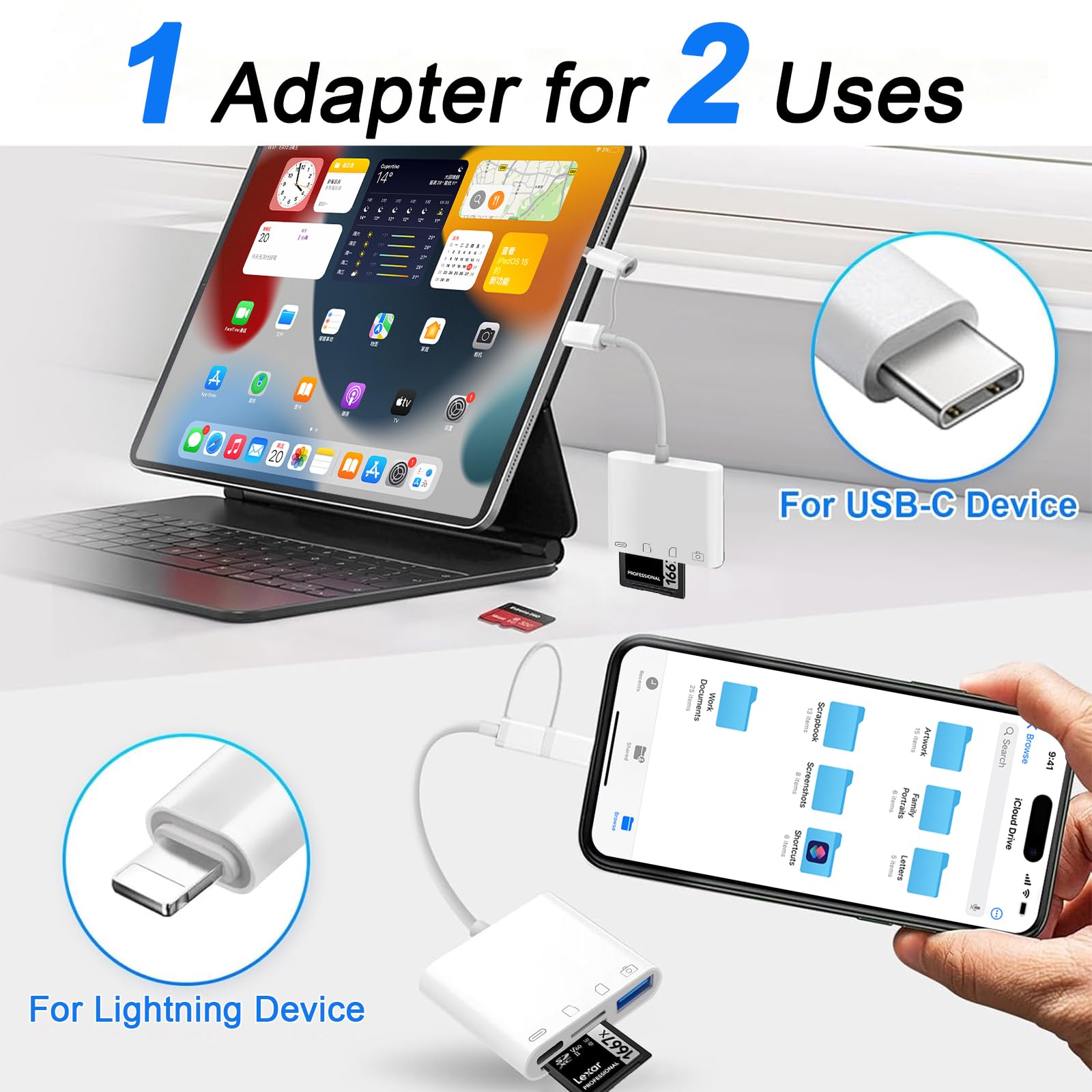 6-in-1 SD/TF/USB-kaartlezer-adapter, OTG-camera-adapter met