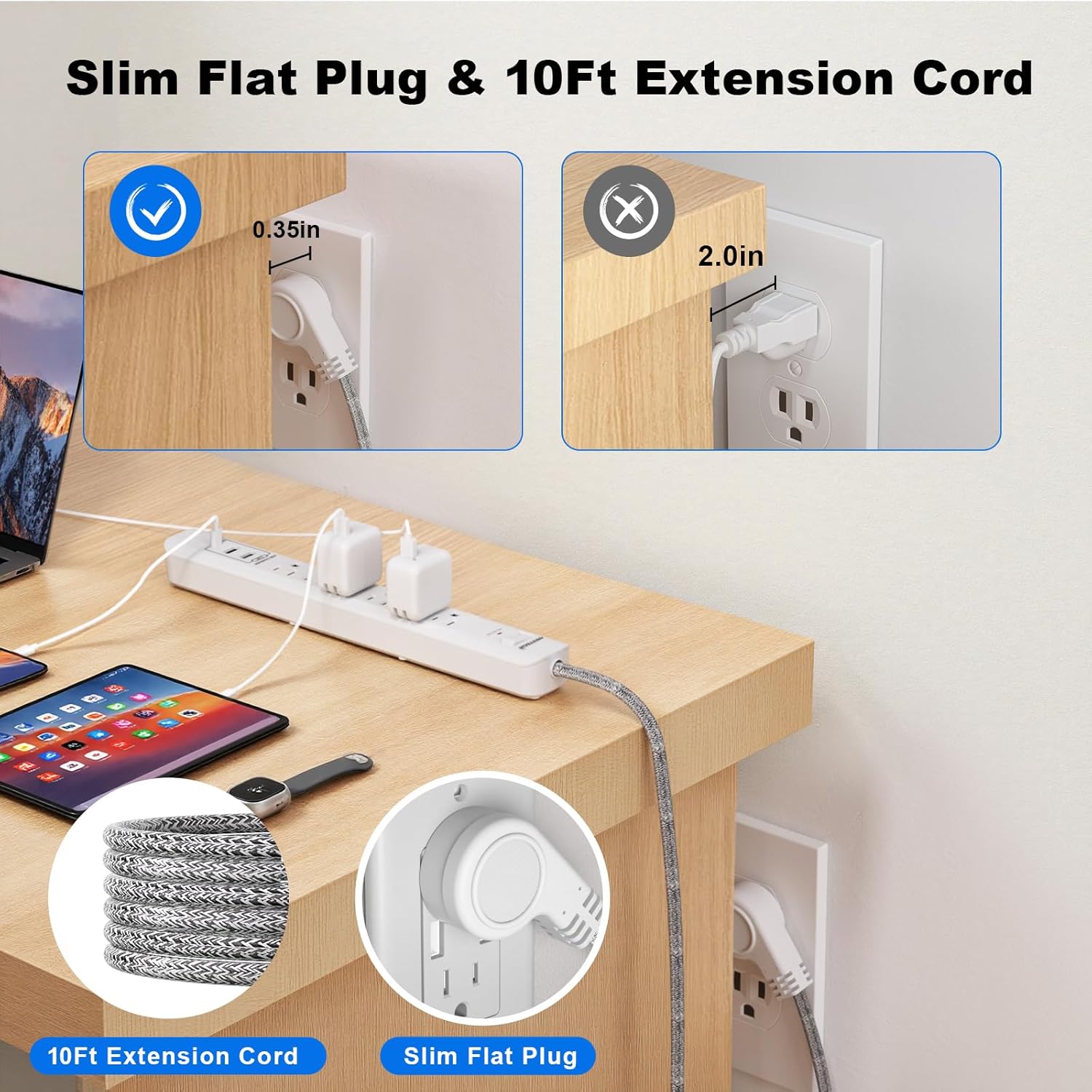 2 Pack Power Strip Surge Protector - 6 Outlets 3 USB Charging Ports (1 USB C), 10Ft Extension Cord, Flat Plug, Overload Protection, Wall Mount for Office Home, Dorm Room White