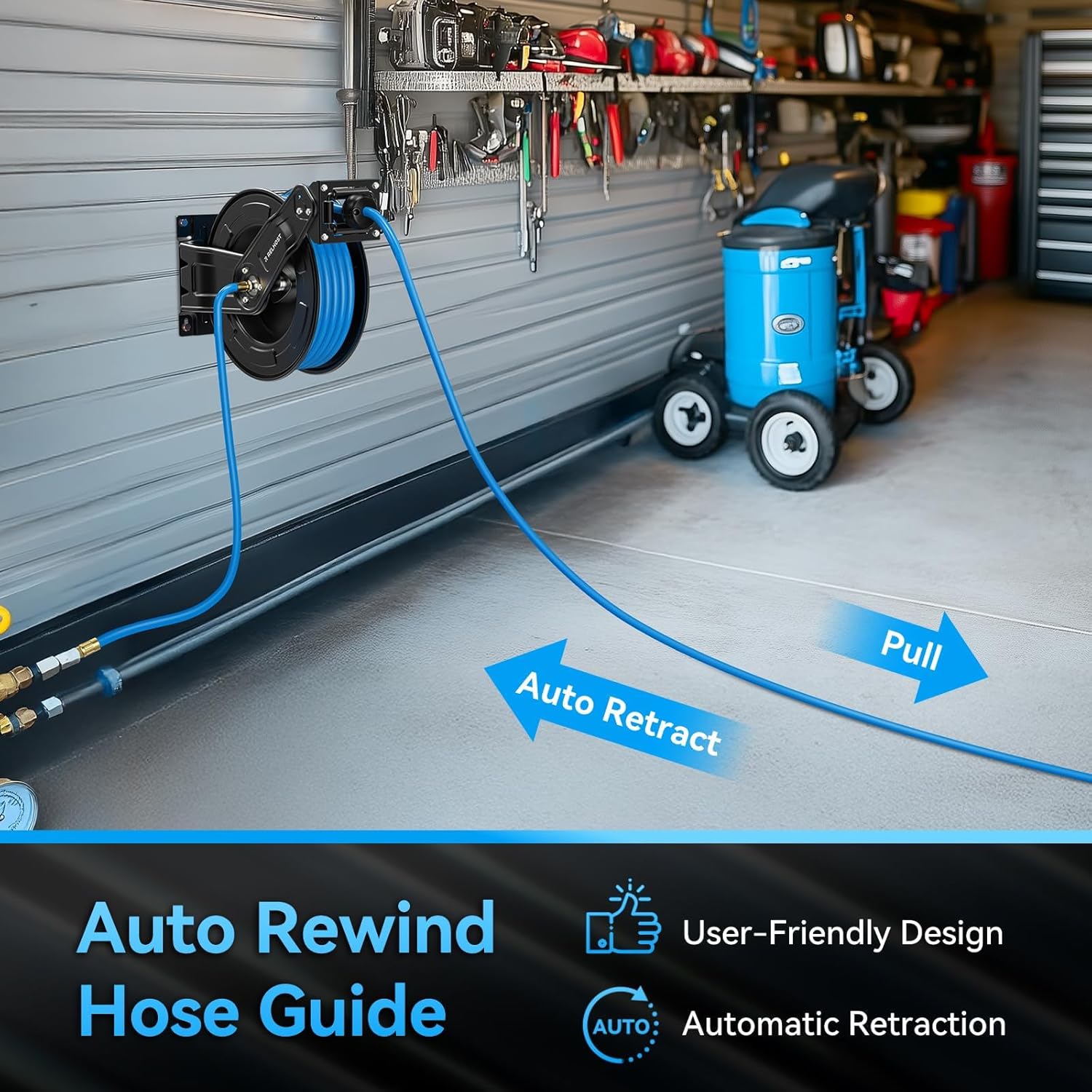 Retractable Air Hose Reel, 65ft x 3/8in Hybrid Air Hose (300PSI), Heavy Duty Compressor Hose Reel, Auto Rewind - Wall/Ceiling Mount for Workshops - Image 6