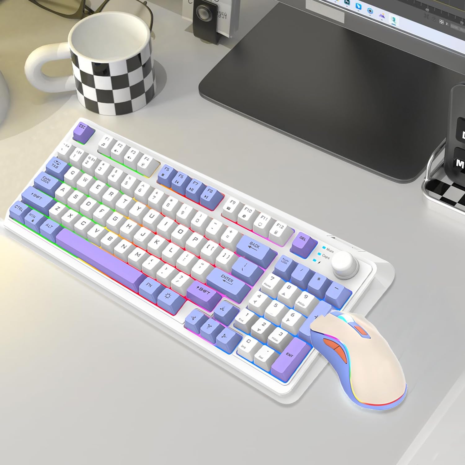 Set tastiera e mouse senza fili con regolatore di volume ricaricabile, 94 tasti, doppia modalità, supporto regolabile, DPI regolabile per computer (bianco)