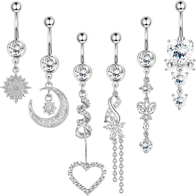 Finrezio 6pcs 14G Dangly Belly Button Bars for Women Stainless Steel Belly Button Rings Moon Star Heart Navel Rings Flower Cubic Zirconia Body Piercing Jewelry