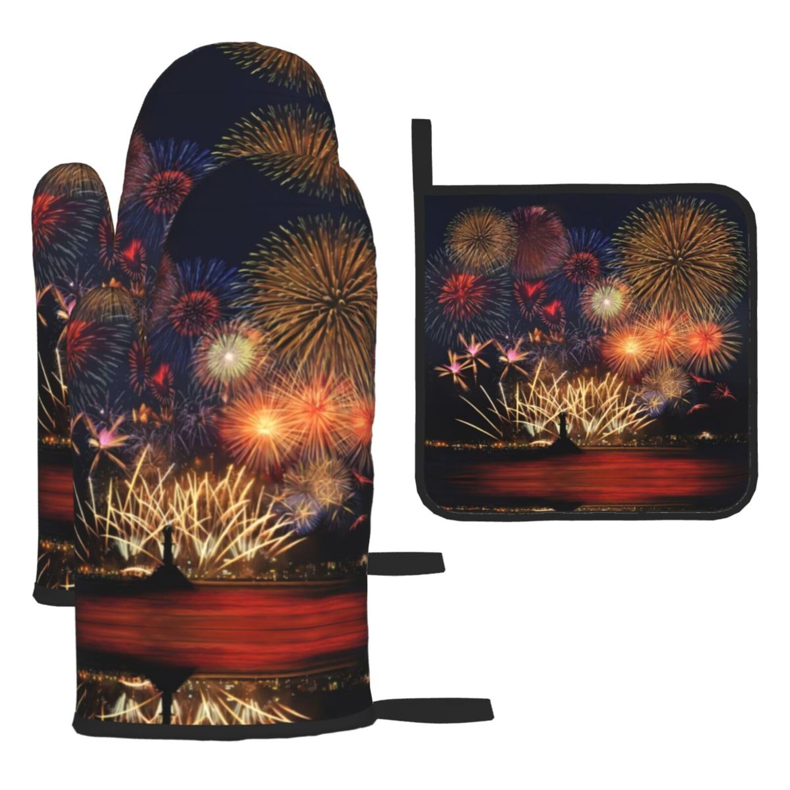 Fireworks 3 Piece Kitchen Oven Mitt Set Heat Resistant Gloves with Pot Holder Mat Polyester Printed for Cooking Baking BBQ Grill