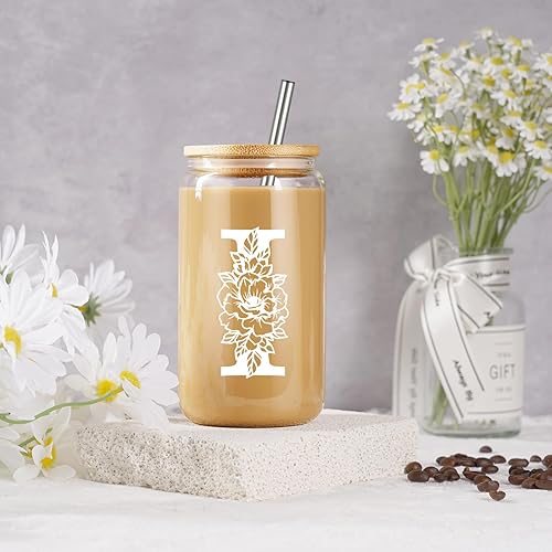 Miniatura 39 de Coolife Vaso de vidrio con inicial, regalos con monograma para mujer, tazas de vidrio de 16 onzas con tapas y pajitas, vaso de cerveza para batido