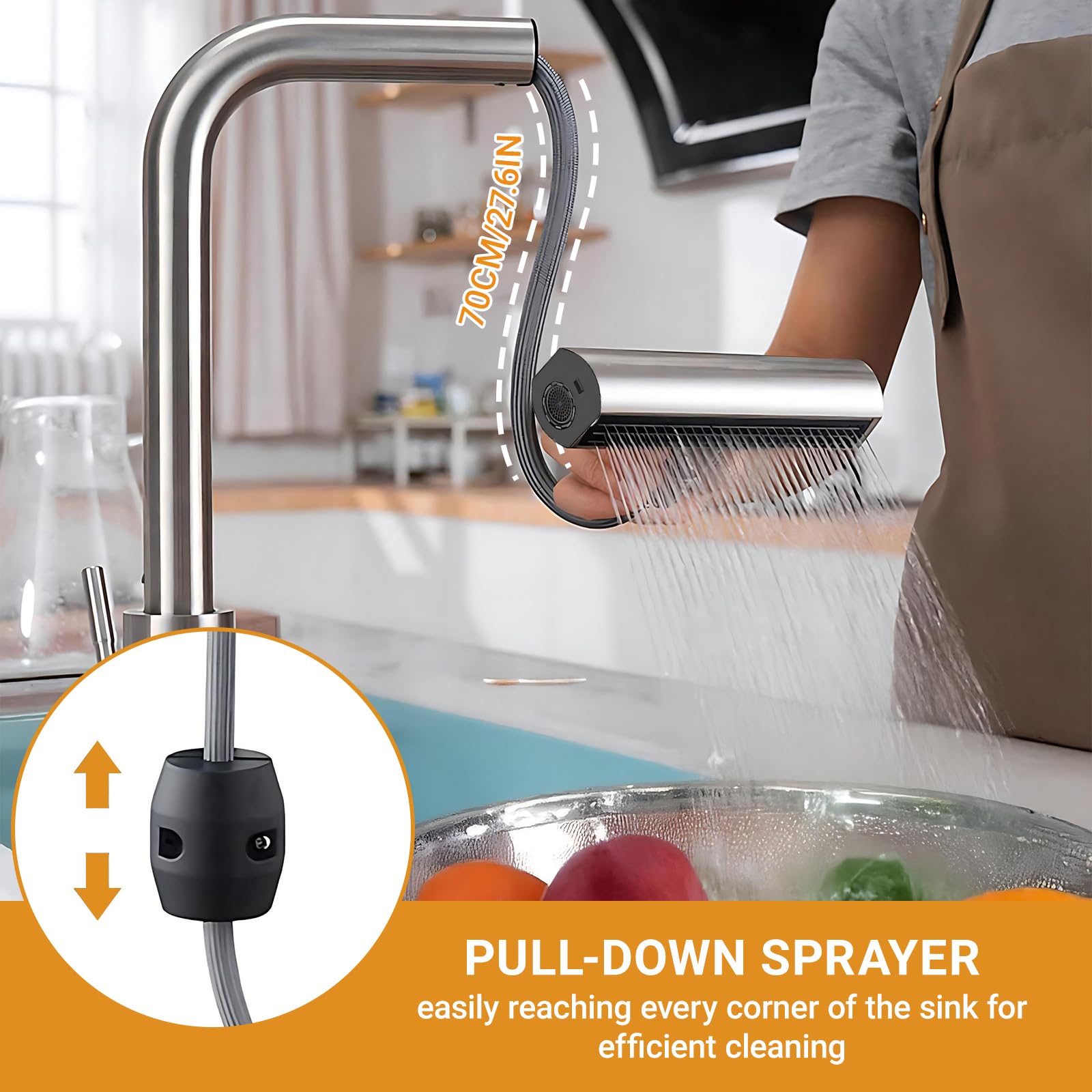 Grifo de Cocina con Cascada, Grifo Giratorio de Acero Inoxidable con 4 Modos de Chorro Boquilla ExtraíBle y Mezclador Monomando para Cocinas Moderna