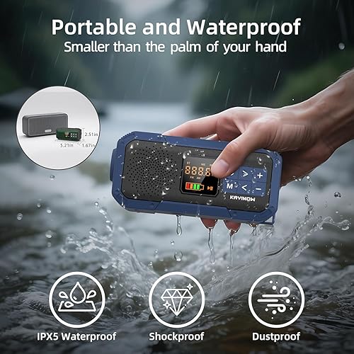 Vista 6 de Radio de emergencia portátil con AM FM NOAA, altavoz Bluetooth, batería recargable de 2000 mAh, carga solar de manivela USB-C, calidad de sonido Azul