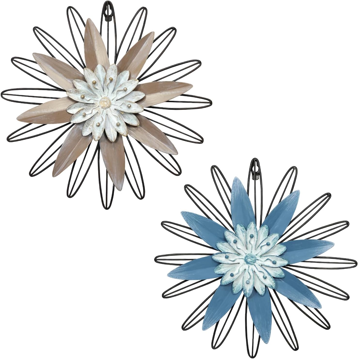 LIFFY Metal Flowers Wall Arts, 2 Pieces 3D Minimalist Flower Wall Decor for Living Room, Bedroom, Sunroom and Outdoor Spaces, Housewarming Gifts(11", blue&khaki)