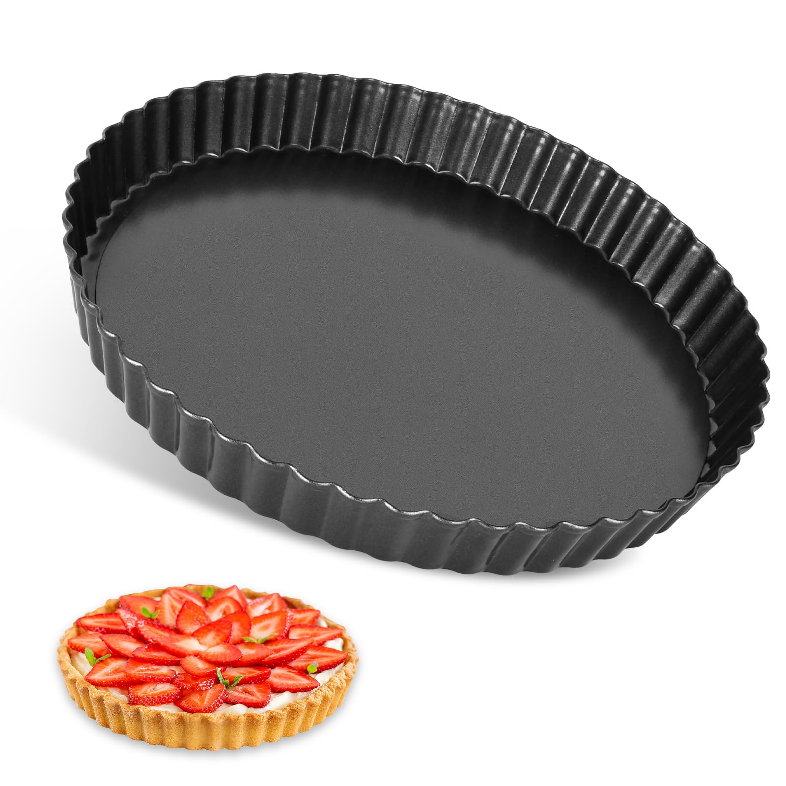 Quiche Pan, 30cm Tart Tin with Loose Base, Non-Stick Fluted Round Deep Flan Dish for Baking, Black