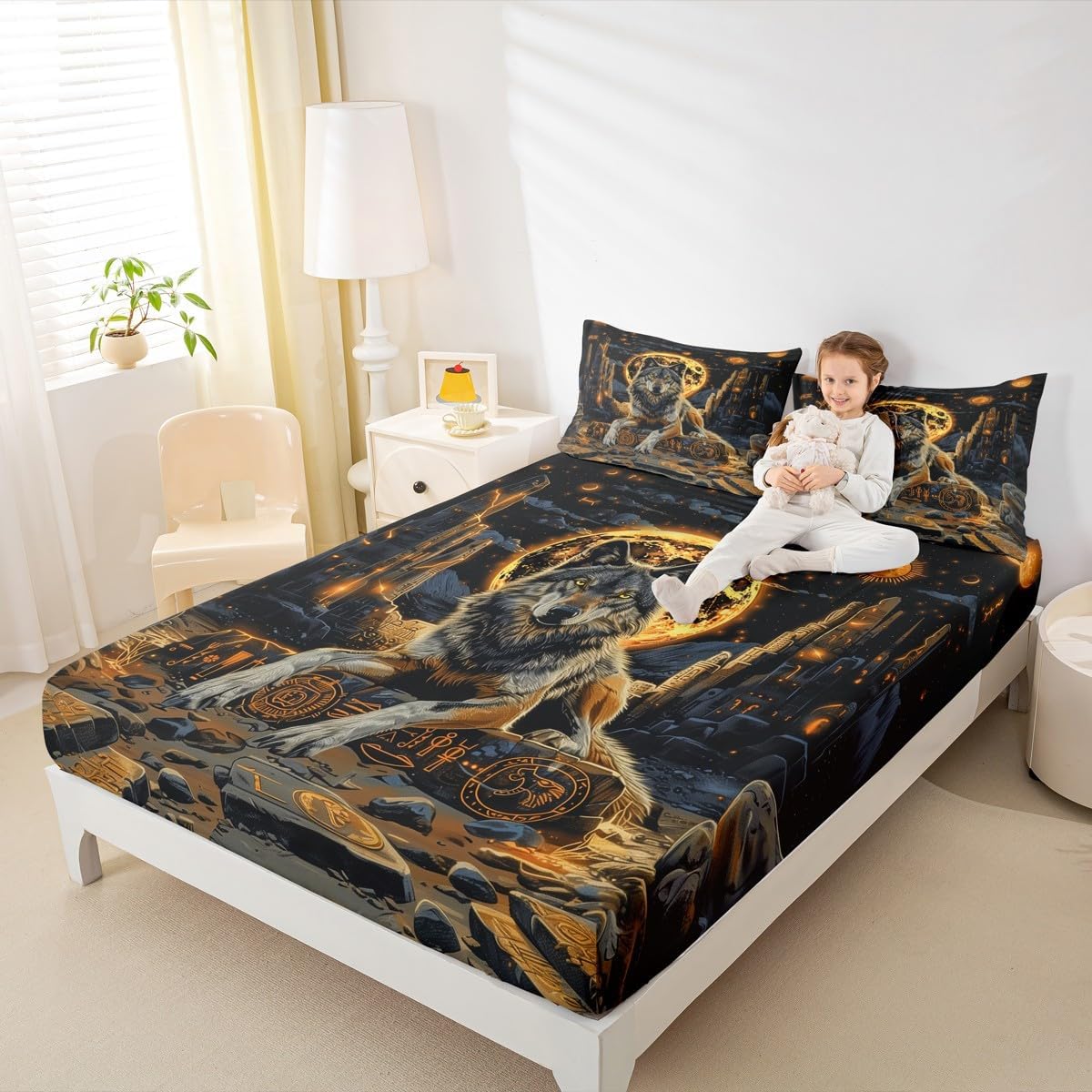 Boho Exotic Wild Animal Full Size Fitted Sheet No Top Sheet,Moon Exotic Style 3 Pieces Kids Teenager Room Decor Bohemia Wolf Pocket 2 Pillowcases