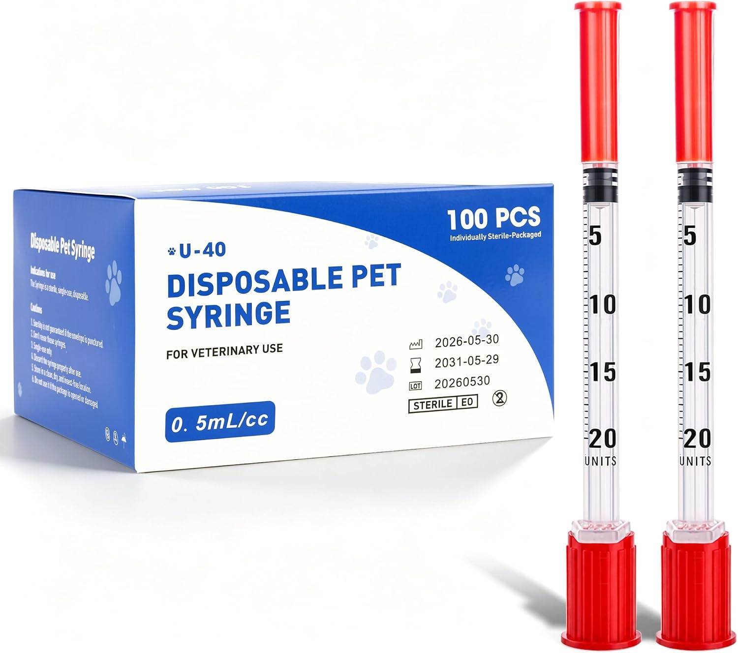 U-40 Pet Veterinary Syringes 0.5ml 29G 1/2 Inch (13mm)，Box of 100 | Low Dead Space Design, U-40 Accurate Scale, Veterinary Tool for Dogs, Cats & Small Animals