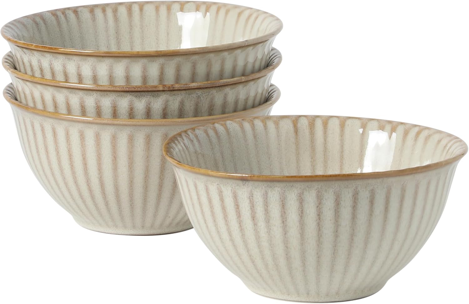 Gibson Elite Bistro Linea Cereal Bowls Set of 4, 6-Inch Stoneware Soup Bowls, Cream White Reactive Glaze Ribbed Bowl Set