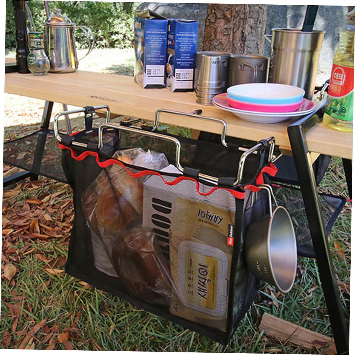 Portable Storage Net Bag with Wire Bracket and PVC Board for Outdoor Camping and Picnic Small Mesh Organizer for Tables and Chairs Lightweight Hanging Rack to Keep Items Neat and Secure