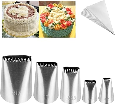 Kasmoire 5Pcs Basketweave Piping Tip Set,Stainless Steel Half Row Braided Flower Mouth Nozzles with 10Pcs Disposable Piping Bags,Braided Decorating Tube Nozzle Tips Set