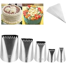 Kasmoire Basket Weave Piping Tips Set of 5, Stainless Steel Half Row Braided Flower Mouth Nozzle, 10 Disposable Piping Bags, Braided Decorative Tube Nozzle Tips Set