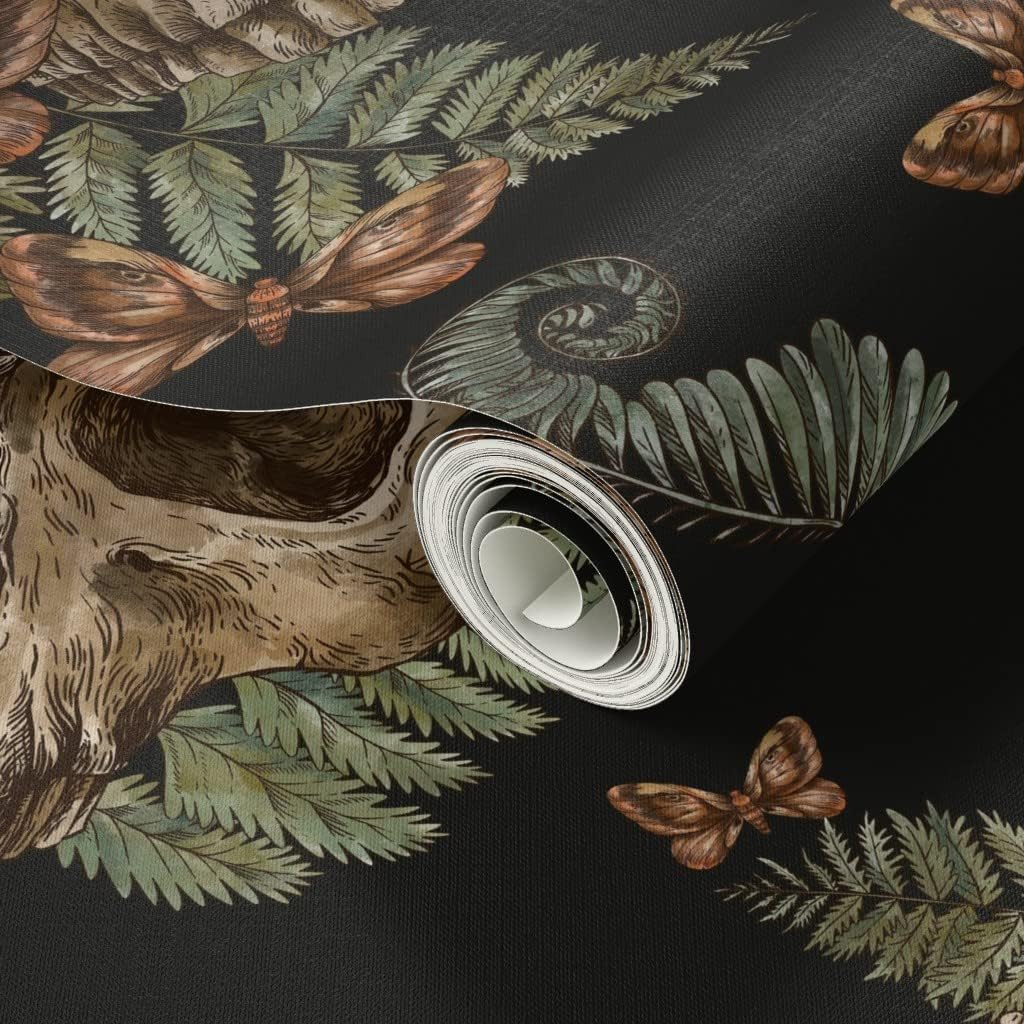 Peel & Stick Wallpaper 3ft x 2ft - Moth Skull Black Vintage Skeleton Fern Halloween Custom Removable Wallpaper by Spoonflower
