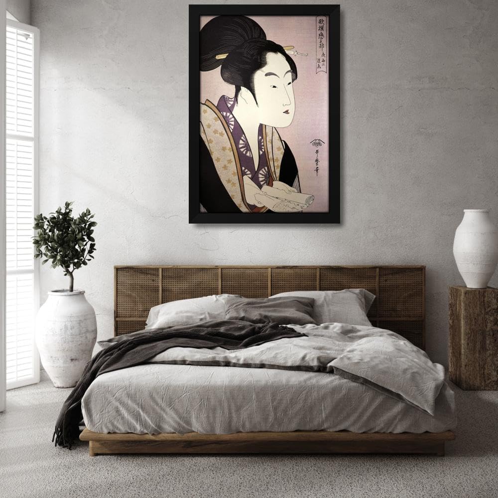 Utamaro, Kitagawa 32x48 Huge Black Modern Framed Canvas Art Print Titled: Portrait of a Woman