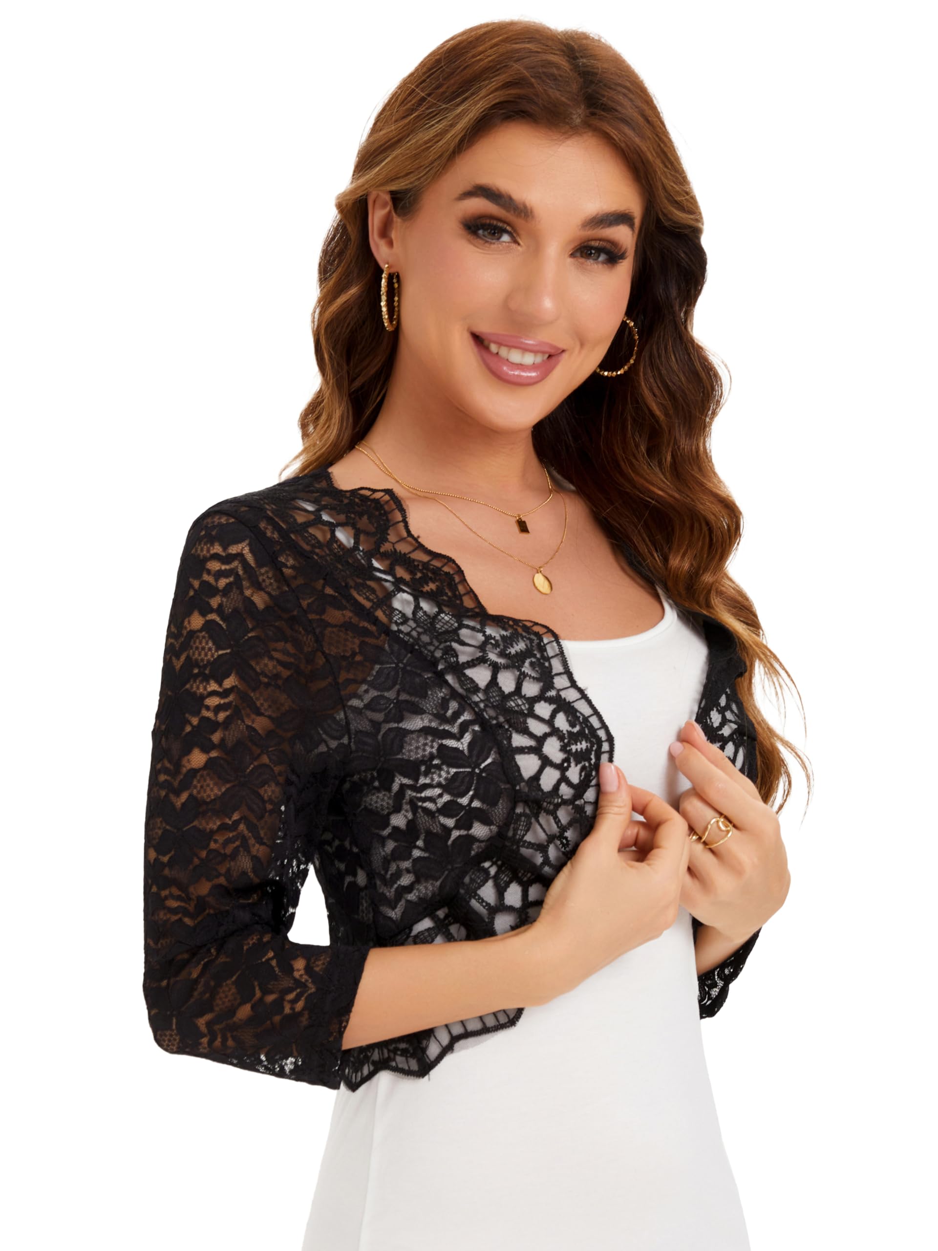 BENANCY Women's Elegant 3/4 Sleeve Sheer Floral Lace Shrug Cardigan
