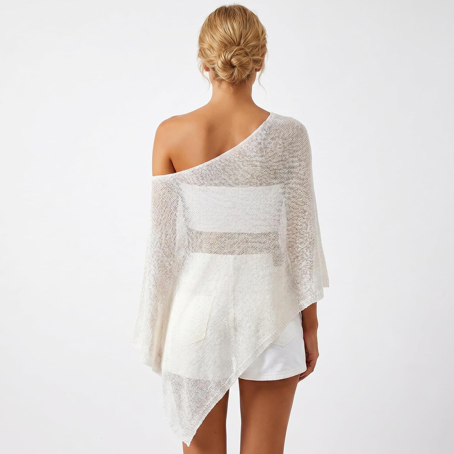 White Off Shoulder Sheer Mesh Crochet Beach Poncho Women Swim Cover Up | Soft stretchy crochet fabric, one size fits S-L, Y2K vintage style, multi-scene wear, foldable for travel