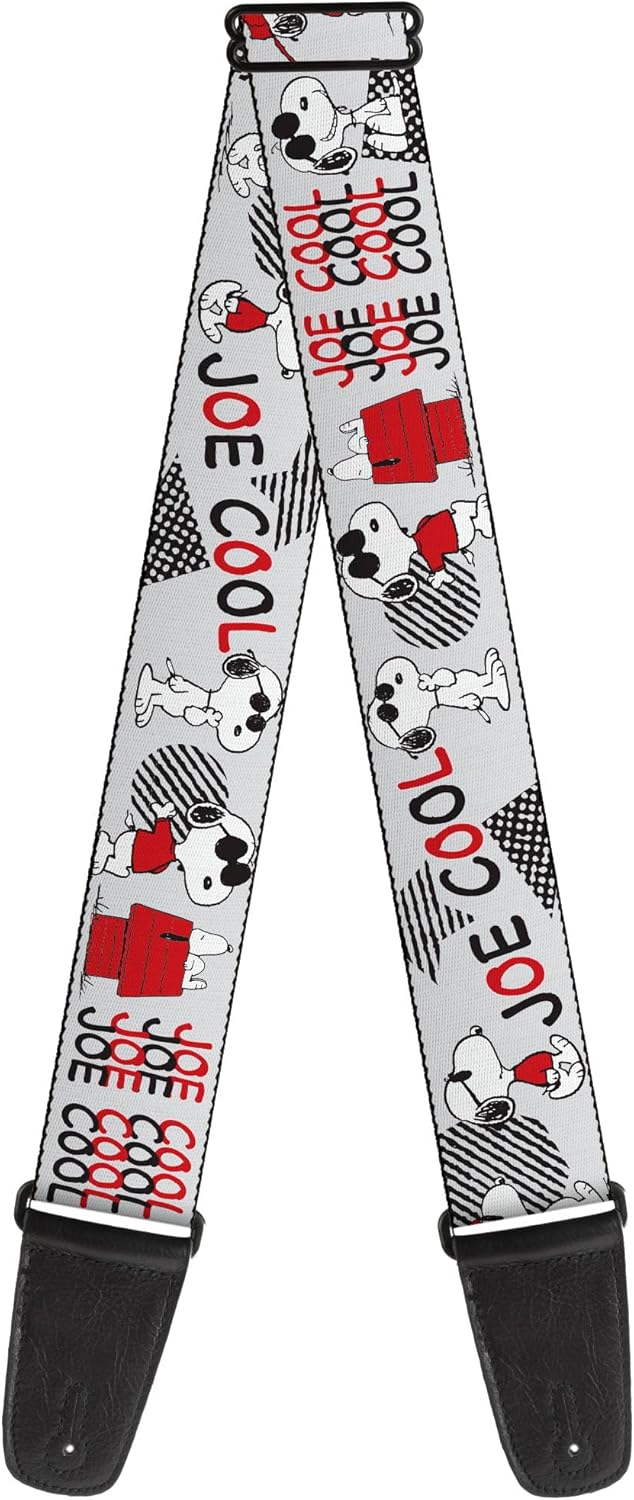 Buckle-Down Peanuts Guitar Strap, Peanuts Joe Cool Snoopy Poses and Text Gray Black Red White, 2 Inches Wide
