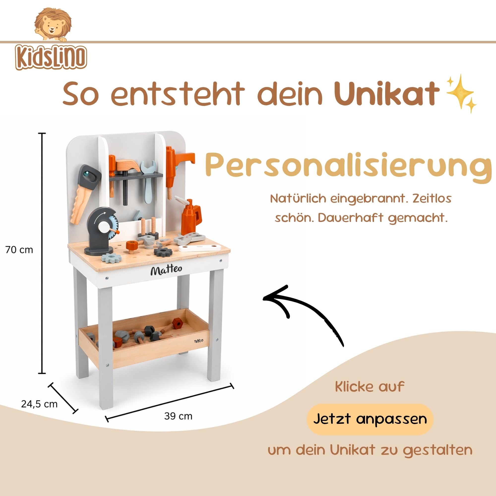 Kinderwerkbank aus Holz personalisiert – Werkbank mit Werkzeug-Set & Zubehör – Spielzeug ab 3 Jahre – Geschenk für Kinder