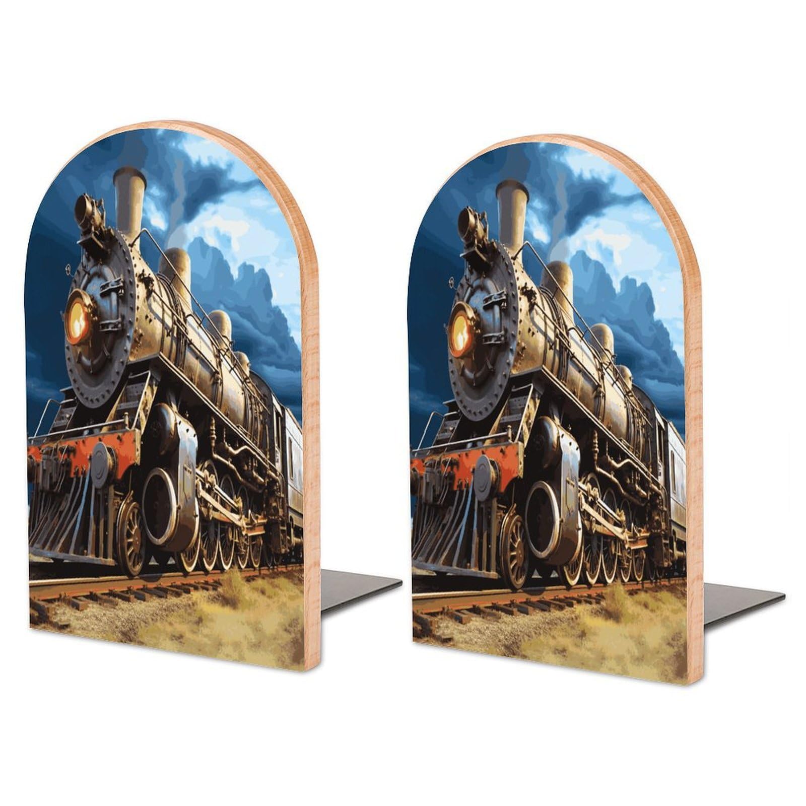 Heavy Duty Locomotive Book End Wooden Bookends with Metal Base Non-Skid Book Stopper for Shelves Books Organizer for Home Office Supplies 6.7 X 4.7 X 3.9”
