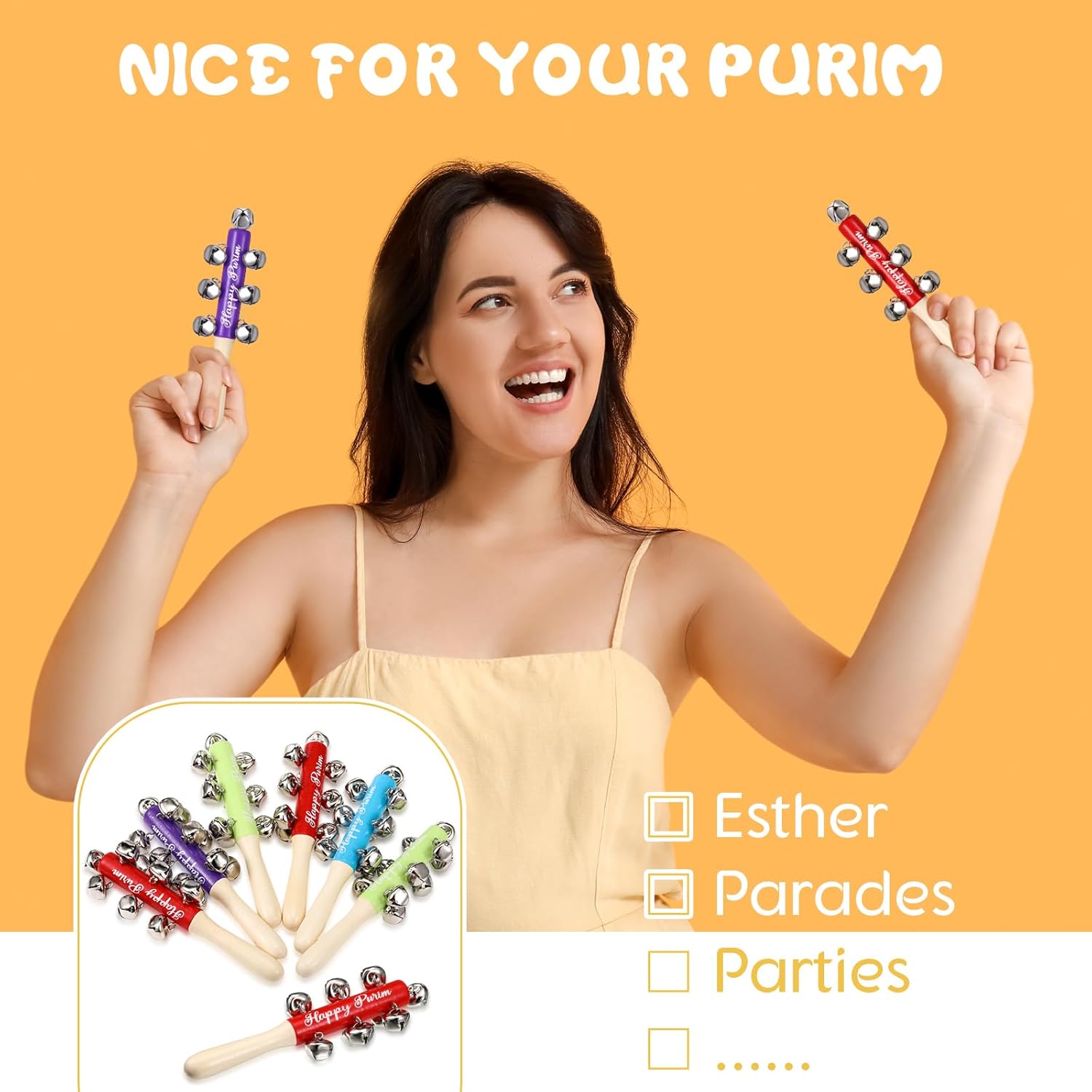Lenwen 12 Pcs Happy Purim Wood Gragger with Bells Colorful Purim Noise Maker Musical Instruments Gifts for Celebration Fun Decorations Holiday Favors Goodie Bag Fillers