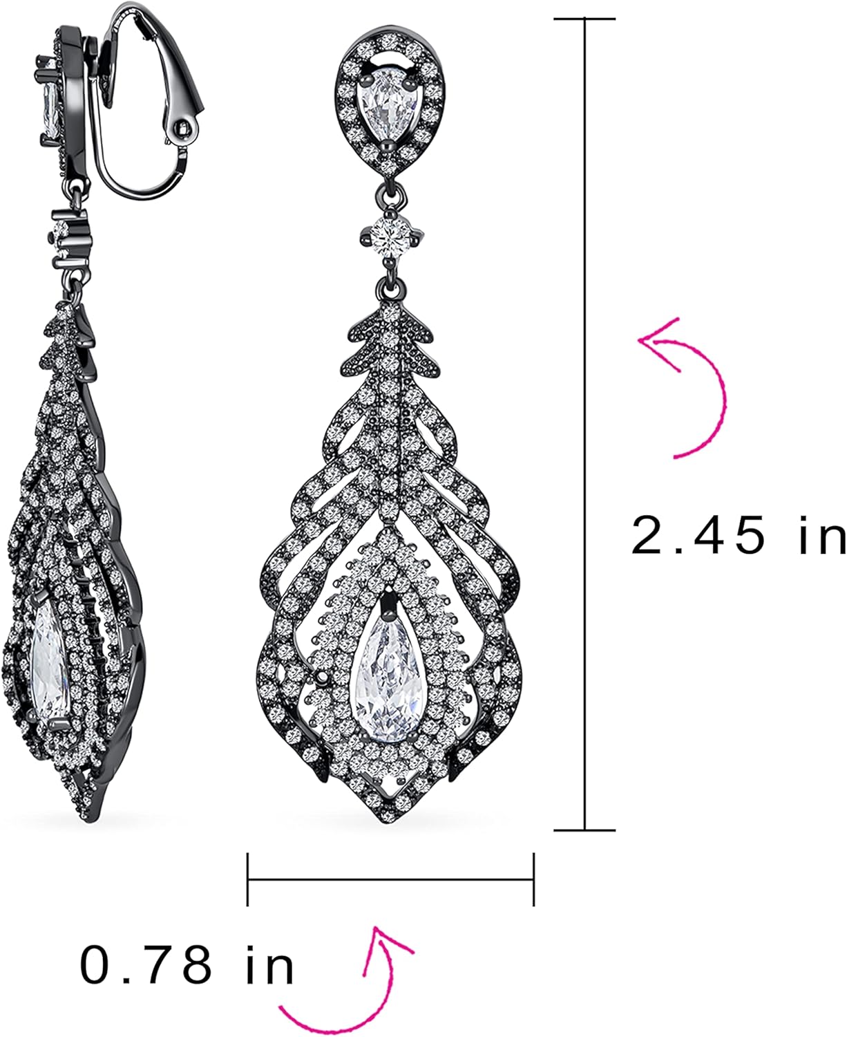 Bling Jewelry Bridal Fashion Vintage Art Deco Style Teardrop Shaped Halo AAA Cubic Zirconia Clear or Royal Blue Statement Elegant Chandelier Clip On Earrings For Women Wedding Prom Silver Plated