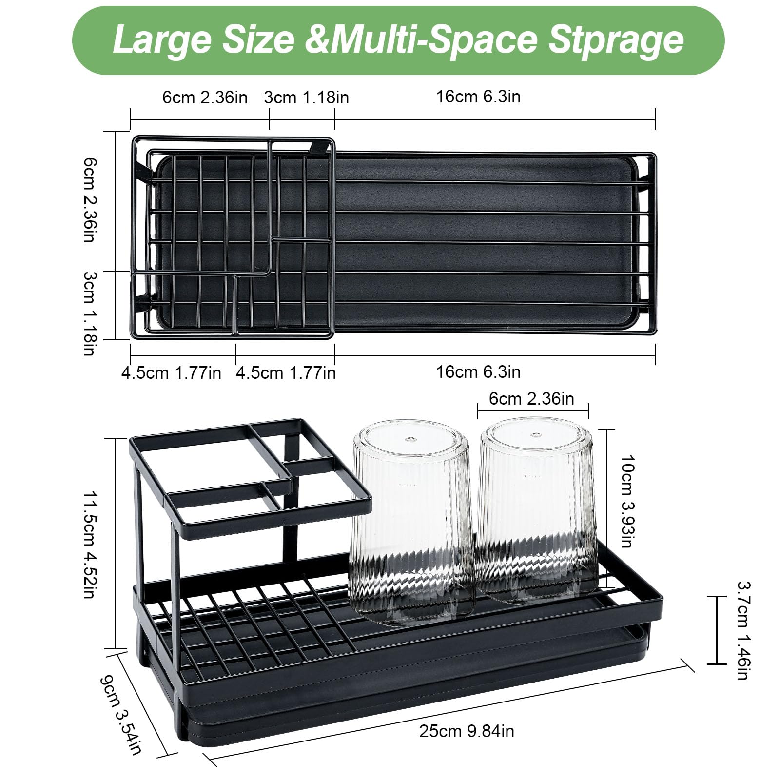 Portaspazzolino Da Bagno In Metallo Nero Con 4 Slot E 2 Bicchieri, Organizer Da Piano Con Vassoio Drenaggio - 2